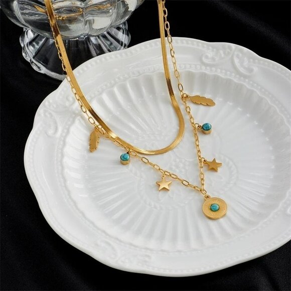 Fine Jewelry 2 Layer Leaves Star Cracked Stone Charm Chain Choker Necklaces - Picture 3 of 7